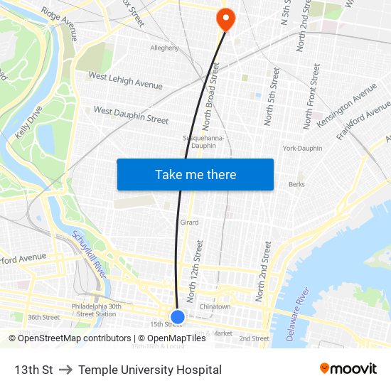 13th St to Temple University Hospital map