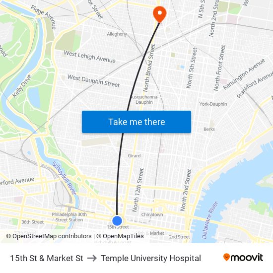 15th St & Market St to Temple University Hospital map