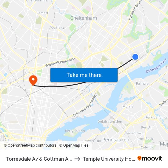 Torresdale Av & Cottman Av Loop to Temple University Hospital map