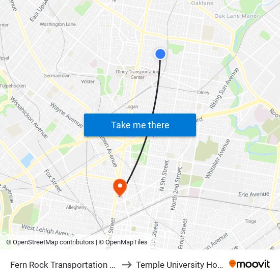 Fern Rock Transit Center to Temple University Hospital map