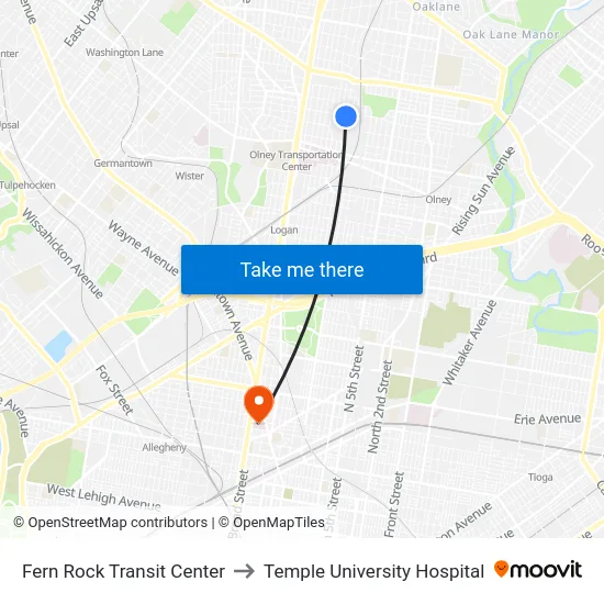 Fern Rock Transit Center to Temple University Hospital map