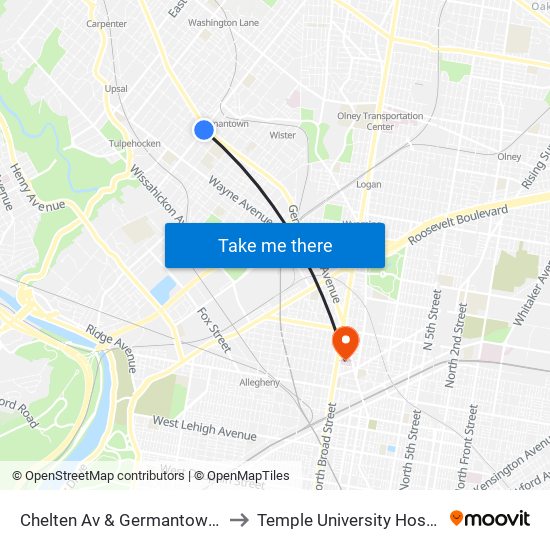 Chelten Av & Germantown Av to Temple University Hospital map