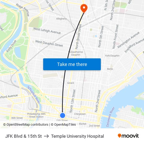 JFK Blvd & 15th St to Temple University Hospital map