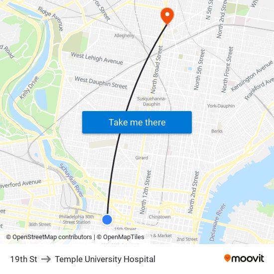 19th St to Temple University Hospital map
