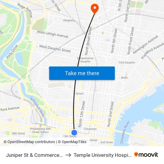 Juniper St & Commerce St to Temple University Hospital map