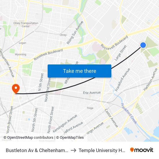 Bustleton Av & Cheltenham Av - Fs to Temple University Hospital map