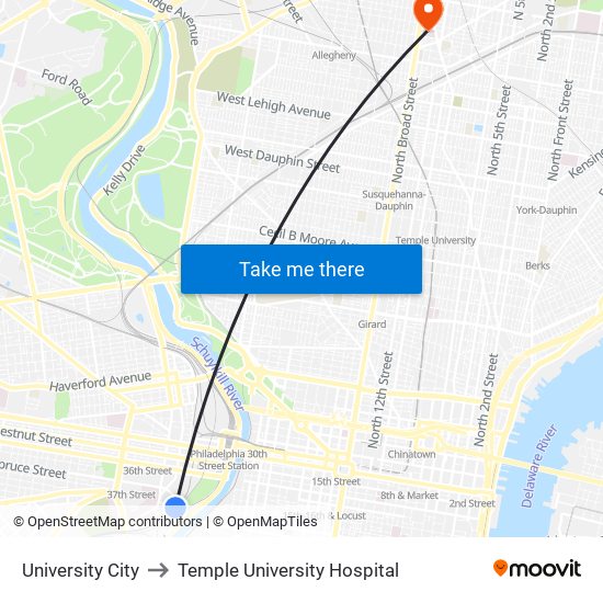 University City to Temple University Hospital map