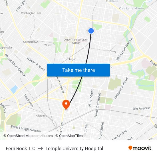 Fern Rock T C to Temple University Hospital map