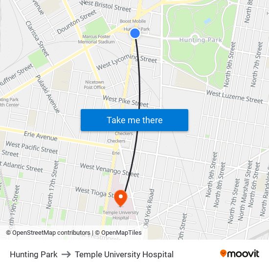 Hunting Park to Temple University Hospital map
