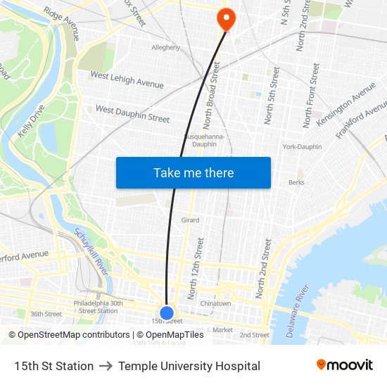 15th St Station to Temple University Hospital map