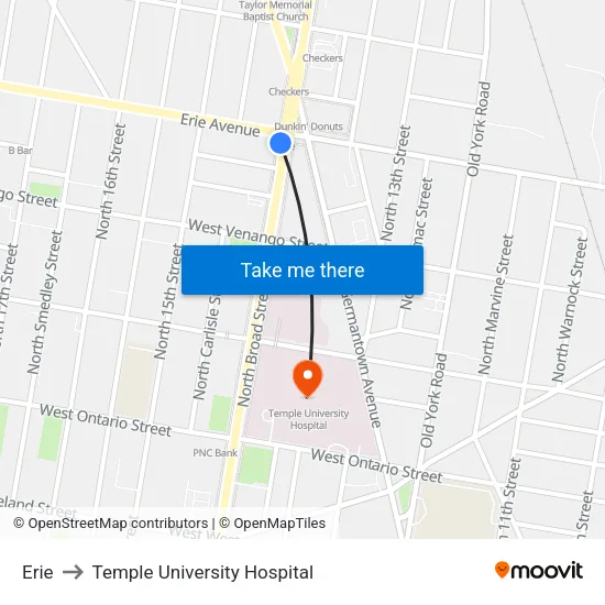 Erie to Temple University Hospital map