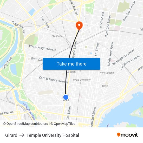 Girard to Temple University Hospital map