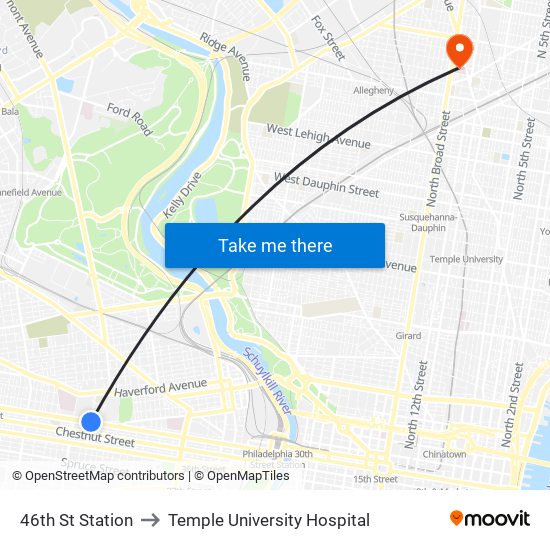 46th St Station to Temple University Hospital map