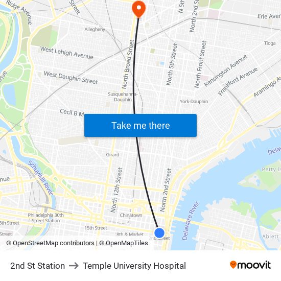 2nd St Station to Temple University Hospital map