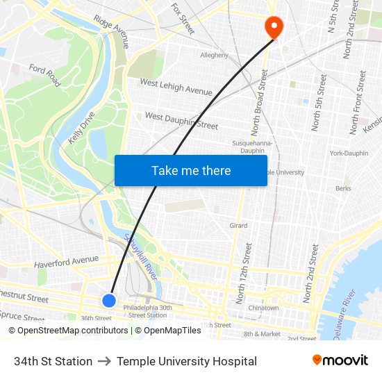 34th St Station to Temple University Hospital map
