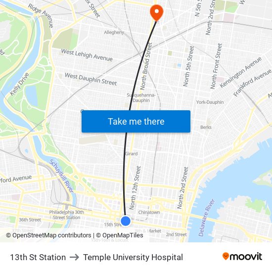 13th St Station to Temple University Hospital map