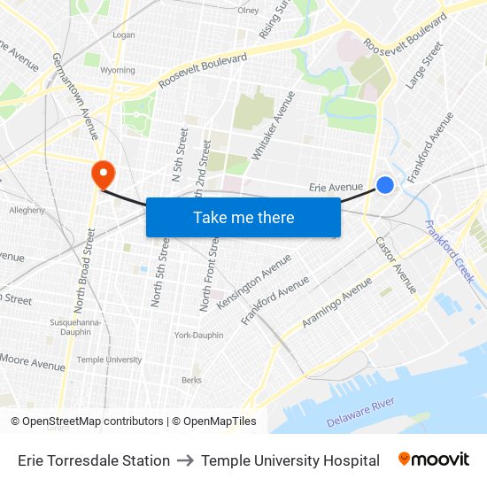 Erie Torresdale Station to Temple University Hospital map