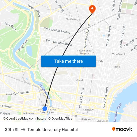 30th St to Temple University Hospital map