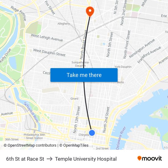 6th St at Race St to Temple University Hospital map