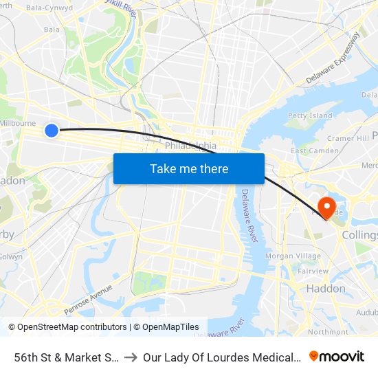 56th St & Market St - Fs to Our Lady Of Lourdes Medical Center map