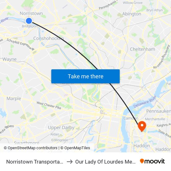 Norristown Transportation Center to Our Lady Of Lourdes Medical Center map