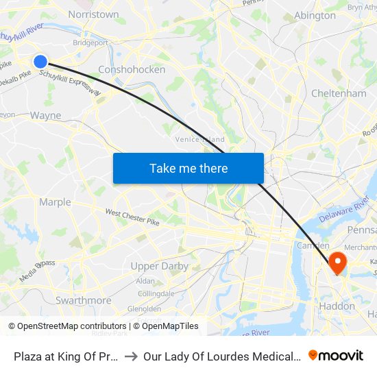 Plaza at King Of Prussia to Our Lady Of Lourdes Medical Center map