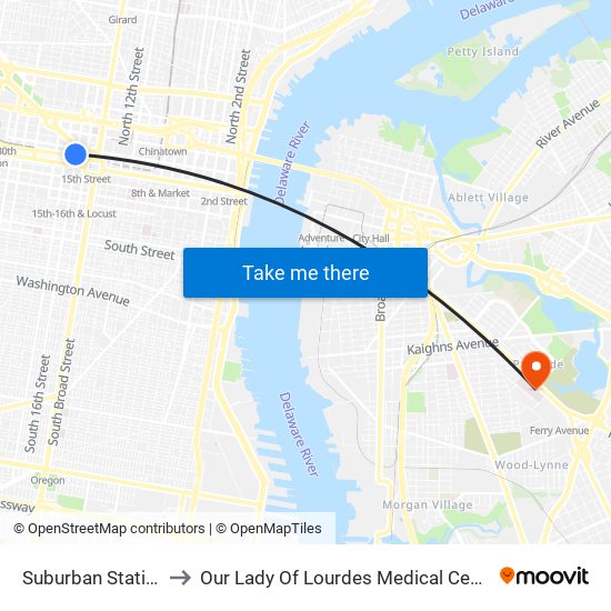 Suburban Station to Our Lady Of Lourdes Medical Center map