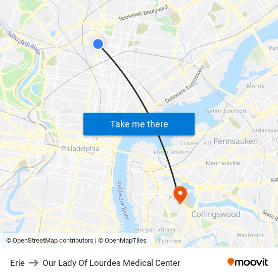 Erie to Our Lady Of Lourdes Medical Center map