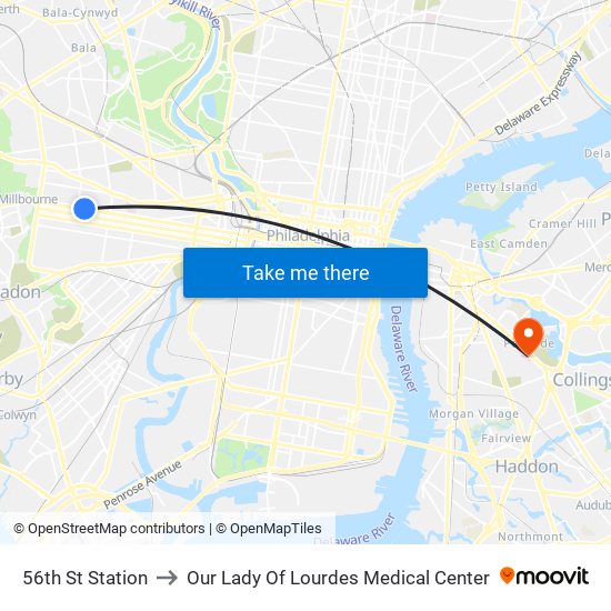 56th St Station to Our Lady Of Lourdes Medical Center map