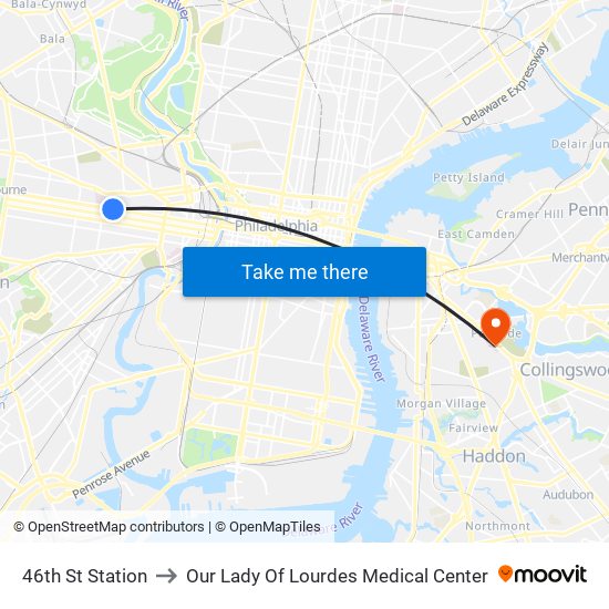 46th St Station to Our Lady Of Lourdes Medical Center map