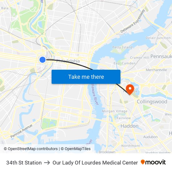 34th St Station to Our Lady Of Lourdes Medical Center map