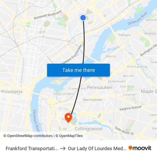 Frankford Transportation Center to Our Lady Of Lourdes Medical Center map