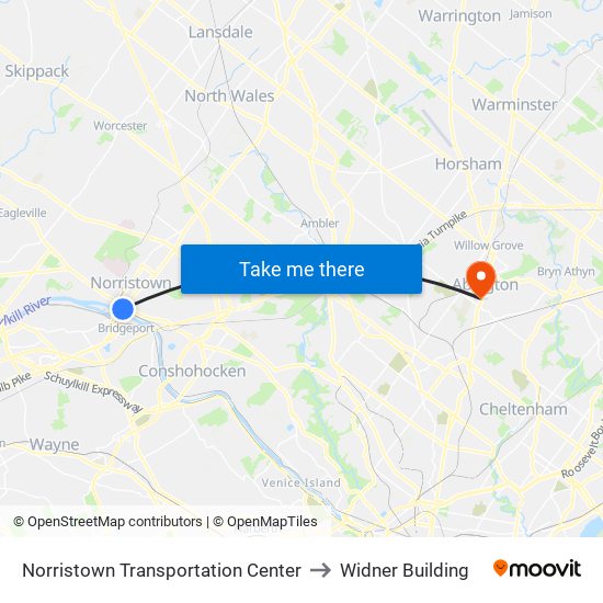 Norristown Transportation Center to Widner Building map