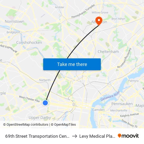 69th Street Transportation Center to Levy Medical Plaza map