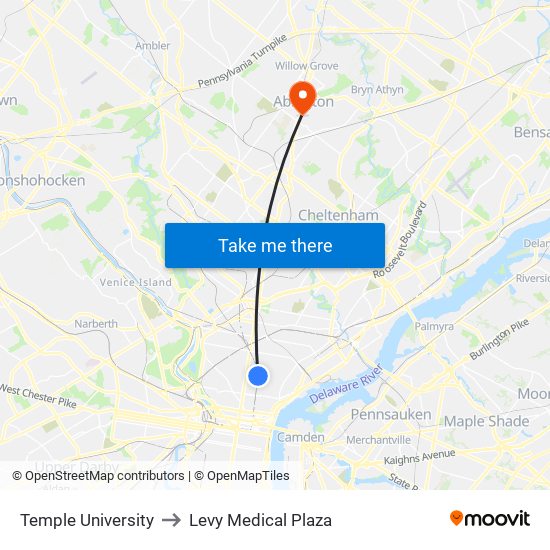 Temple University to Levy Medical Plaza map