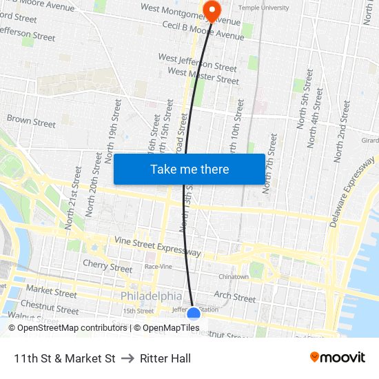 11th St & Market St to Ritter Hall map