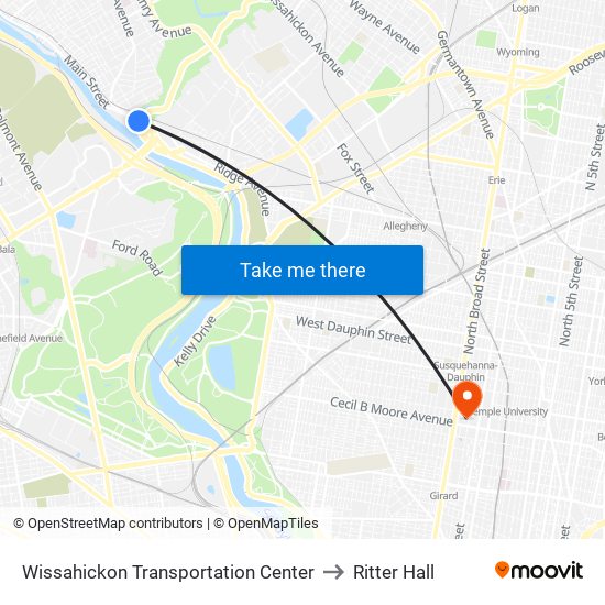 Wissahickon Transit Center to Ritter Hall map