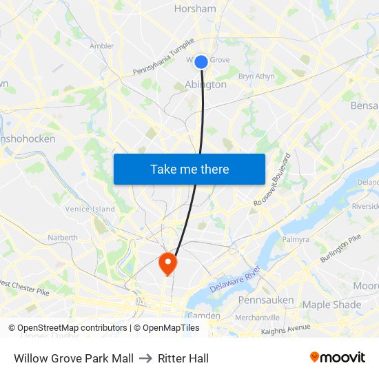 Willow Grove Park Mall to Ritter Hall map