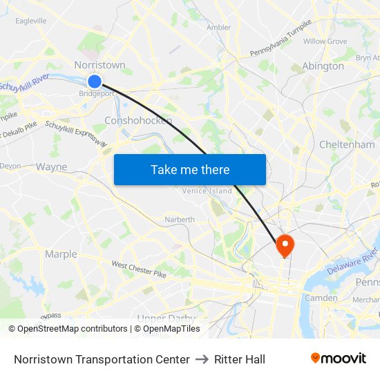 Norristown Transportation Center to Ritter Hall map