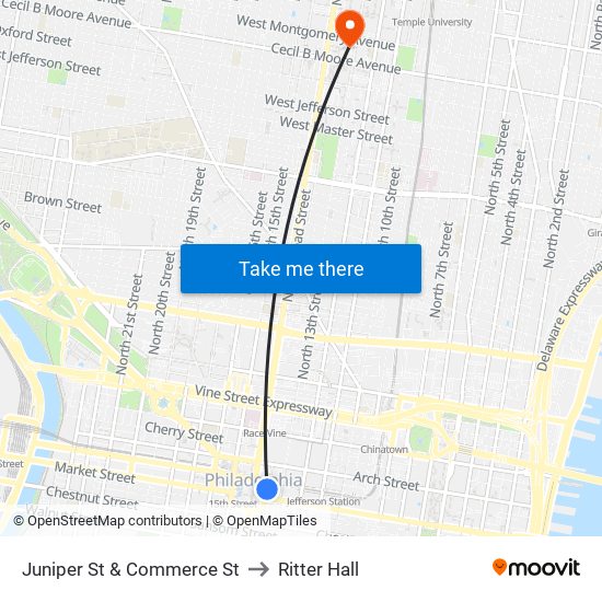 Juniper St & Commerce St to Ritter Hall map