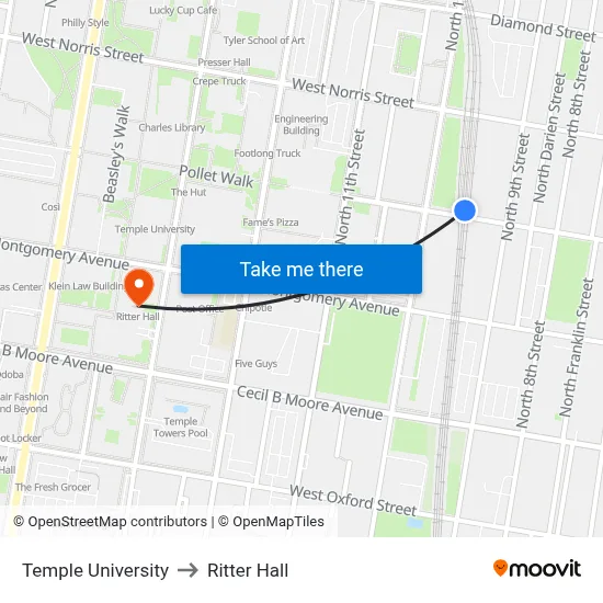Temple University to Ritter Hall map