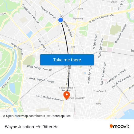 Wayne Junction to Ritter Hall map