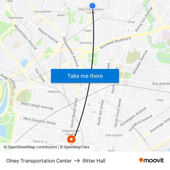 Olney Transportation Center to Ritter Hall map