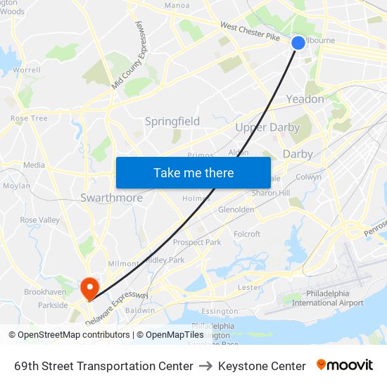 69th Street Transportation Center to Keystone Center map