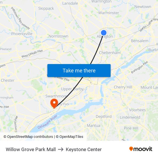 Willow Grove Park Mall to Keystone Center map