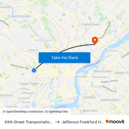 69th Street Transportation Center to Jefferson Frankford Hospital map