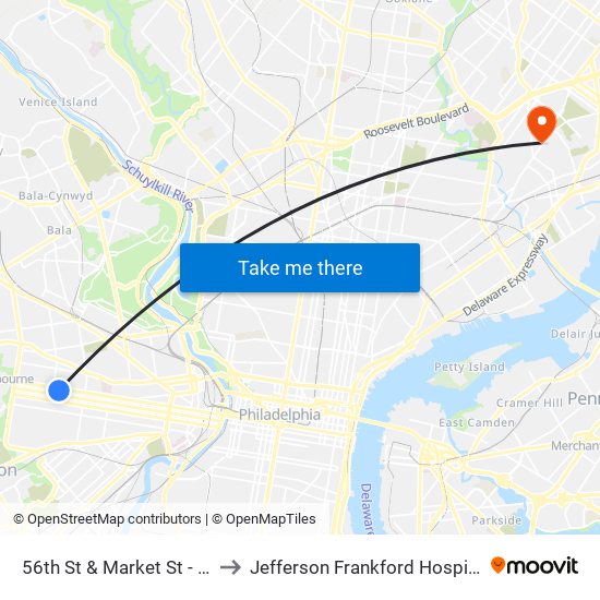 56th St & Market St - Fs to Jefferson Frankford Hospital map