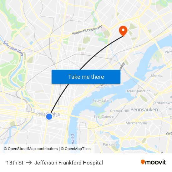 13th St to Jefferson Frankford Hospital map