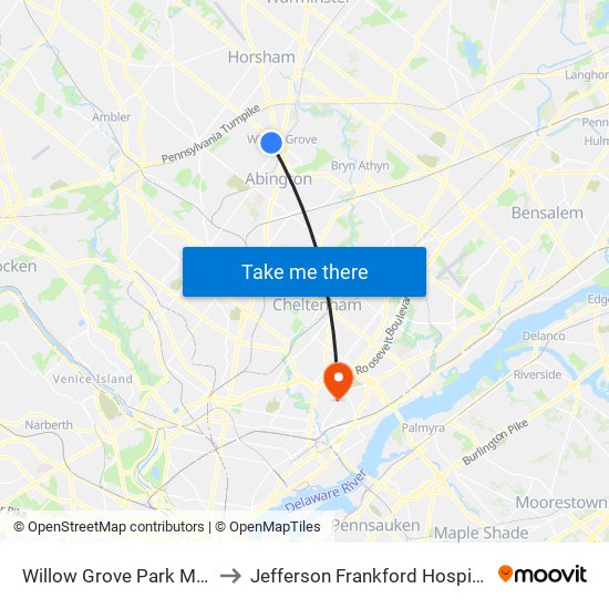 Willow Grove Park Mall to Jefferson Frankford Hospital map