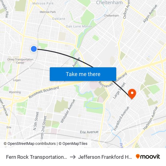 Fern Rock Transportation Center to Jefferson Frankford Hospital map